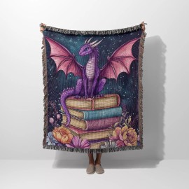Floral Purple Dragon On Books Woven Throw Blanket, Fantasy Reading Gifts
