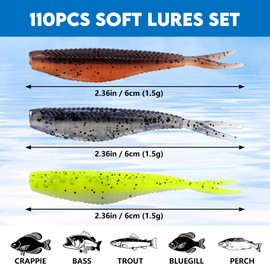 Eupheng Crappie Lures Kit, Fishing Grubs Worms Shad Minnow Paddle Tail Swimbaits, Coloful Fishing Soft Plastic Lures for Crappie Panfish Walleye Trout Bass