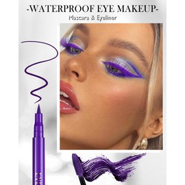 Purple Waterproof Mascara & Eyeliner Set, 5D Silk Fiber Liquid Lash Extensions Colored Tubing Mascara Volume and Length, Long Wear, Smudge-Proof Curling Non-Clumping Mascara & Eyeliner Pen for Women