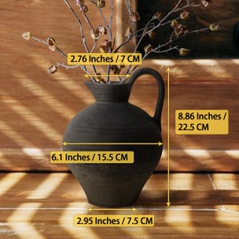 GDSZJLJ Ceramic Rustic Farmhouse Vase with Handle, 8.7 Inch Black Vintage Vase, Rustic Ceramic Pottery for Home Decor, Farmhouse Decor Centerpiece for Kitchen, Living Room, Entryway