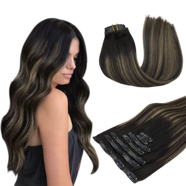 MAXITA PU Clip-In Real Hair Extensions, 55 cm, 22 Inches, 110 g, 7 Pieces, Natural Black Mixed Chestnut Brown, Real Hair Extensions, Clip, Natural Hair Extensions, Seamless Extensions, Real Hair