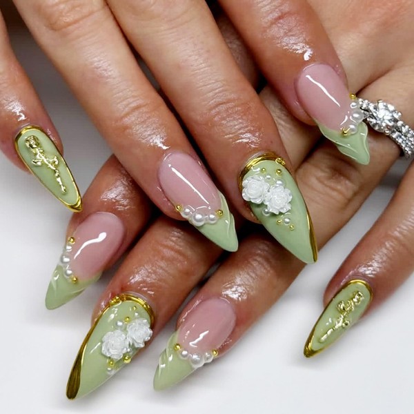 3D French Tip Press on Nails Medium Almond Fake Nails