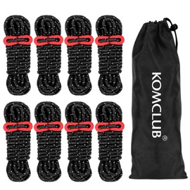KOMCLUB 4mm Reflective Guy Lines Tent Cords, Lightweight Camping Rope with Aluminum Guylines Adjuster Tensioner Pouch for Tent Tarp Canopy Sheleter Camping Hiking (Black- 8 Pack)