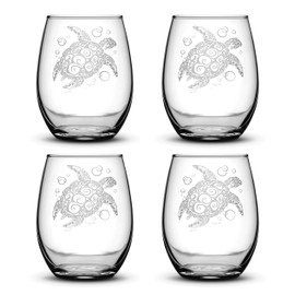 Integrity Bottles Set of 4, Sea Turtle Stemless Wine Glasses, Made in USA, Tribal Design, Hand Etched 14.2 oz Unique Glass Gifts, Sand Carved