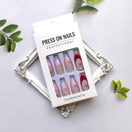 French Tip Press on Nails Almond Medium Fake Nails Pink Nail Tips Acrylic Nails with Gold Stars Design Glossy Nude Glue on Nails Full Cover French False Nails for Women Girls Daily Manicure Decor