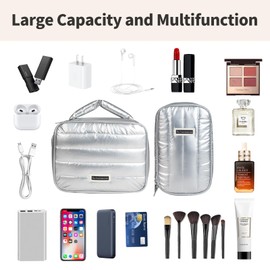 Cuteseason Shiny Puffy Makeup Bag Large Capacity Travel Water-proof Toiletry Bag Drop-proof Digital Product Organizer (Black, L)