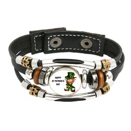 PJ4U St Patrick's Day Ireland Irish Black Leather Bracelet And Velvet Gift Bag