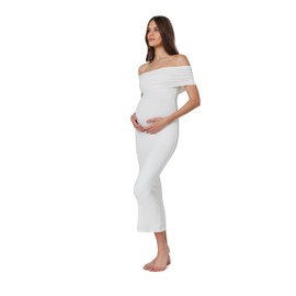 BUMPSUIT Off The Shoulder Maternity Dress for Pregnancy, Stretchy Fabric Foldover Neckline Ladies Long Maternity Maxi Dress Ivory