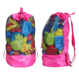 EocuSun Large Mesh Beach Bag Tote Durable Sand Away Drawstring Beach Backpack Swim and Pool Toys Balls Storage Bags Packs, Stay Away From Sand and Water, Toy Not Included, Hot Pink