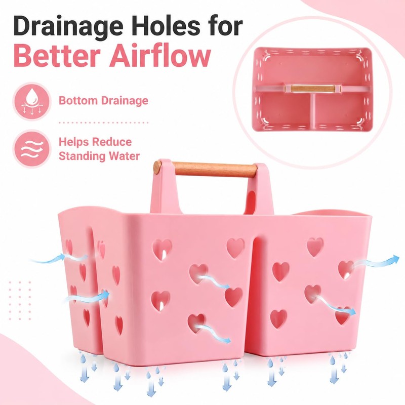 Pink Portable Shower Caddy with Wooden Handle, Plastic Shower Basket
