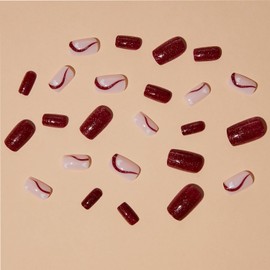 Valentines Press on Nails Short Square Fake Nails White Heart Love ＆ Stripes Designs Glitter False Nails Full Cover Acrylic Nails Glossy Red Stick on Nails for Women DIY Nails Decoration 24 Pcs