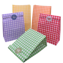 25pcs Party Favor Bags Colorful Paper Bags Rainbow Treat Bags Checked Gift Bags Goodie Bags with Stickers for Birthday Party Baby Shower Holiday Celebration