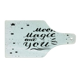 Ambesonne Romantic Cutting Board, Moon Magic and You Inspirational Messy Modern Brush Pen Calligraphy with Stars, Decorative Tempered Glass Cutting and Serving Board, Wine Bottle Shape, Black White