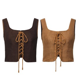 CAMDOM Women's Renaissance Lace-Up Vest Steampunk Gothic Vest Cosplay Costume, Double Brown, L