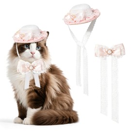 HOWWFALY 2PCS Cat Bow Hat with Lace, Adjustable Bow Collar Set Pet Princess Costume for Halloween Christmas, Cat Dog Birthday Party Apparel