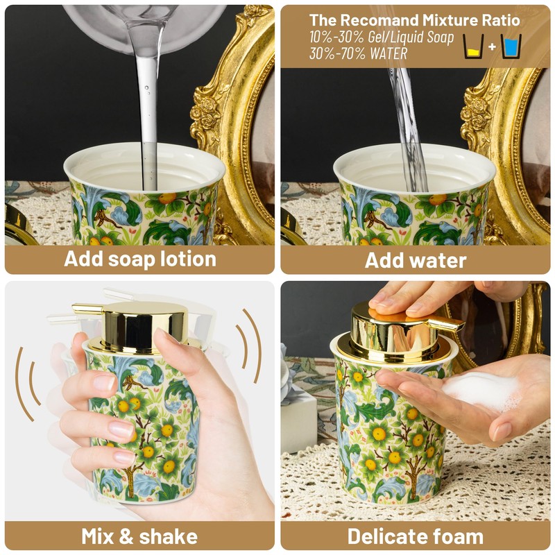 Vintage Ceramic Foaming Soap Dispenser for Bathroom & Kitchen Refillable