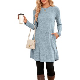 SENBATU Winter Sweater Dress for Women, Long Sleeve, Casual, Side Buttons, Tunic, with Pockets, lightblue