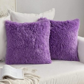 MIULEE Pack of 2 Faux Fur Throw Pillow Cover Fluffy Soft Decorative Square Pillow covers Plush Case Faux Fur Cushion Covers For Livingroom Sofa Bedroom 16"x16" Purple