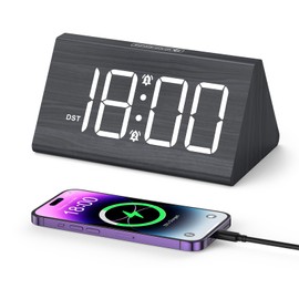 OQIMAX Wooden Digital Alarm Clocks LED Display Bedside Clock Electronic Desk Clock with 2 Alarm 5 Brightness Adjustment 3 Volume Snooze DST 12/24H Colorful Light Table Clock for Bedroom Office Travel