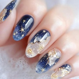 Dark Blue Press on Nails Oval Fake Nails Gold Glitter False Nails Gel Glue on Nails Medium Full Cover Acrylic Nails Glossy Artificial Nails Summer Stick on Nails for Women Manicure 24Pcs