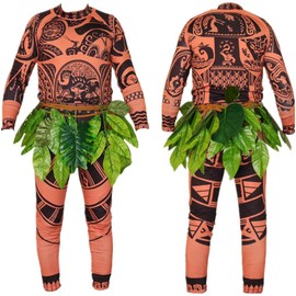 NRIION Tattoo T-Shirts Pants Adult Men's and Women's Cosplay Suits Clothing With Leaf Skirts(Brown/S(wig))