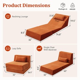 Fold Out Chair Bed, Folding Sofa Bed, 3 in 1 Convertible Sleeper Chair Bed for Nap, Transformable Sofa Bed for Apartment,Dormitory,Bedroom(Orange)