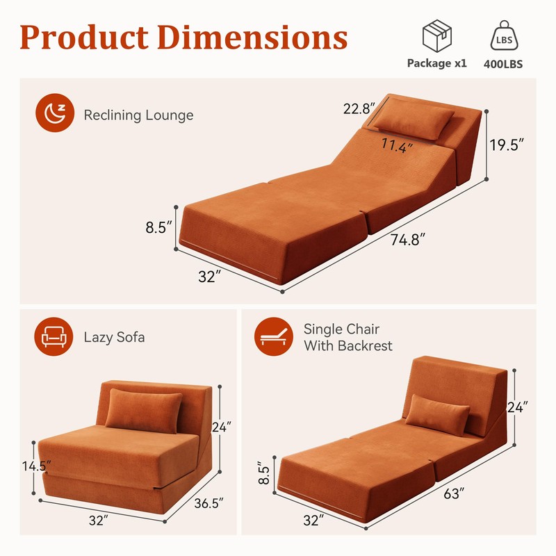 Fold Out Chair Bed, Folding Sofa Bed, 3 in 1