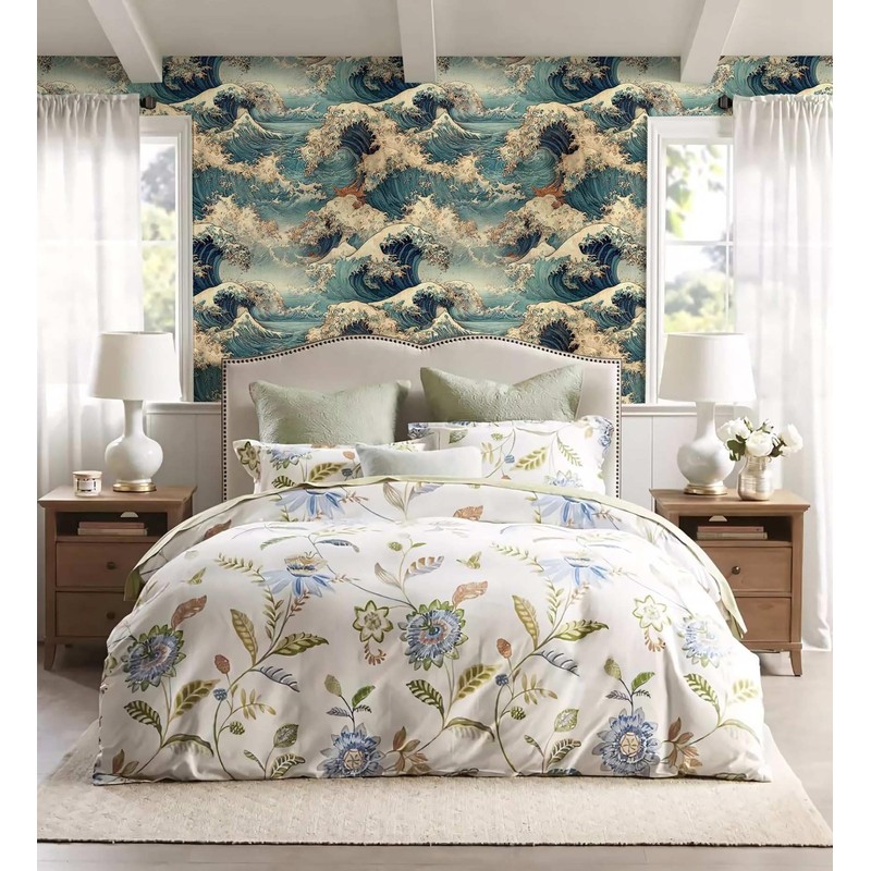Vintage Ocean Wave Wallpaper, Japanese Art Inspired Seascape Wallpaper