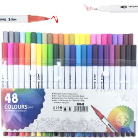 48Pcs Dual Markers Brush Pens, BetterJonny Dual Brush Tip and Highlighters for Adult 0.4mm Fine Point Pens and 1-2mm Brush Pens Art Marker Double Tip Colored Pen for Coloring Hand Lettering Art
