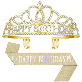 Papoopy Birthday Tiara Crown with Sash for Adult Women, Birthday Sash for Party Decorations Gold