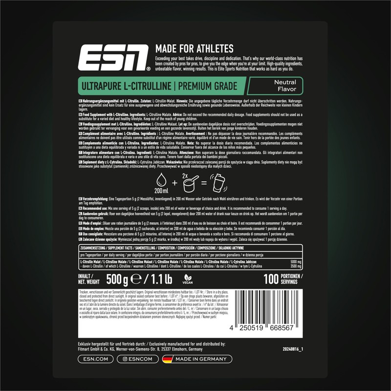 ESN Ultrapure L-Citrulline, 500 g Bag, 100 Servings, Vegan, Made