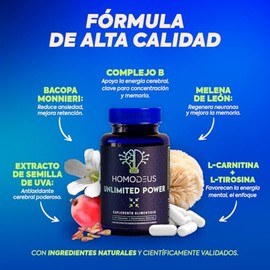 Melena de Leon, Complejo B y L Carnitina para Mejor Concentracion y Memoria | Nootropico Reforzado con L-Tirosina, Bacopa Monnieri y Semilla de Uva | Unlimited Power Health Hack - 60 capsulas