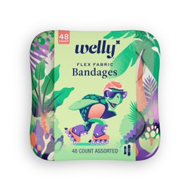 Welly Bandages | Adhesive Flexible Fabric Bravery Badges | Assorted Shapes for Minor Cuts, Scrapes, and Wounds | Colorful and Fun First Aid Tin | Turtle Oasis Patterns - 48 Count