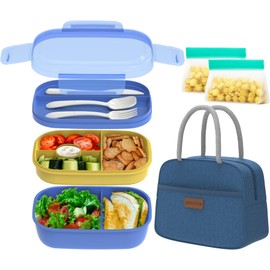 JBGOYON® Blue Bento Lunch Box Set - 3 Stackable Containers for Adults and Kids - Includes Lunch Bag, Leak-Proof and BPA-Free - Built-in Utensil Set and Snack Bag - Dishwasher Safe