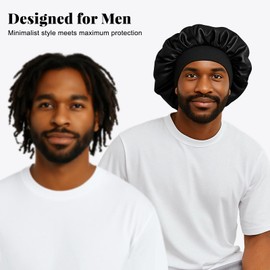 ZHENSILK 2PCS Silk Satin Bonnet for Men Sleeping, Soft Hair Cap for Locs Dreads Braids, Lightweight Night Bonnet for Curly Hair Protection Shower Cap (Black Silver)