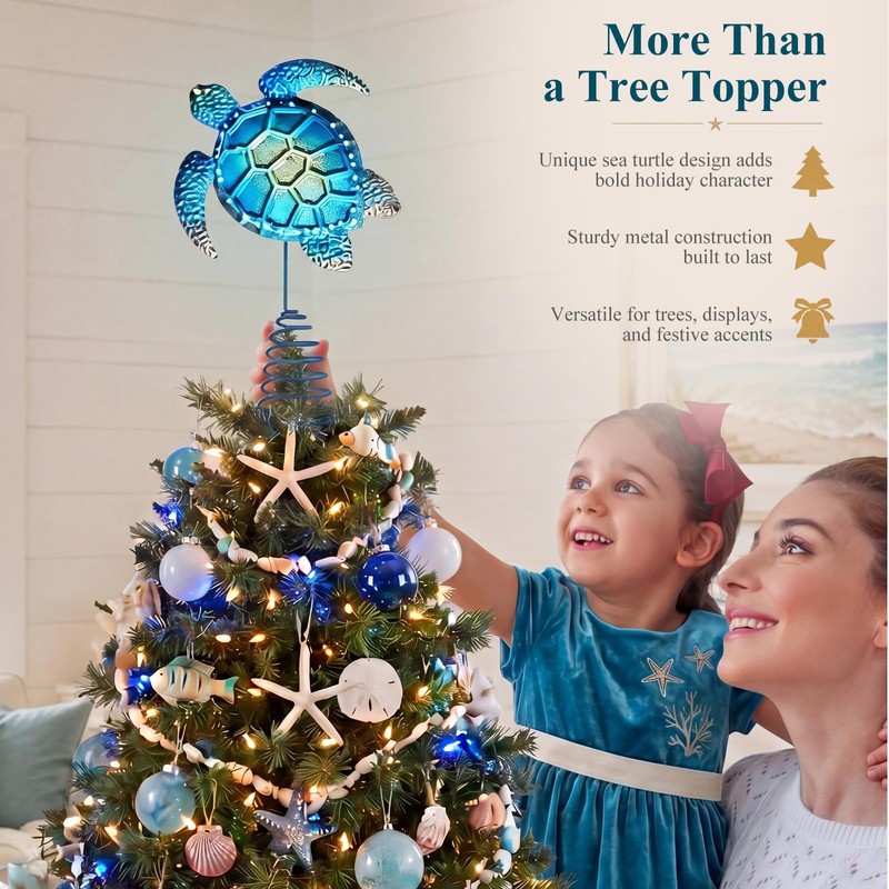 Soulchen Christmas Beach Tree Topper Metal Blue Sea Turtle Treetop