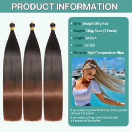 Locescsoc 24 Inch Straight Hair Extensions 150 g 3 Packs Bone Straight Braiding Hair, 1B/30 Ariel Straight Ponytail Hair Bundles, Ombre Soft Synthetic Crochet Box Braids for Women