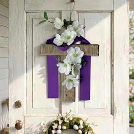 Easter Cross Wreath for Front Door, 14 Inch Rustic Cross with White Lily Flowers and Purple Ribbon, Spring Religious Wall Hanging Decor for Home Porch Church Party Celebration