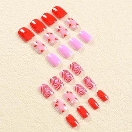 Square Press on Nails Short Fake Nails Heart False Nails with Design Pink Acrylic Nails Full Cover Artificial Nails Glossy Glue on Nails Stick on Nails for Women Manicure Art 24Pcs