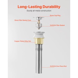 VEVOR Bathroom Sink Drain Without Overflow, Brass and 304 Stainless Steel Pop Up Drains, Anti-Clogging Vessel Drain Strainer, All Metal Hair Catcher Drains Stopper, for Sinks Without Overflow Holes