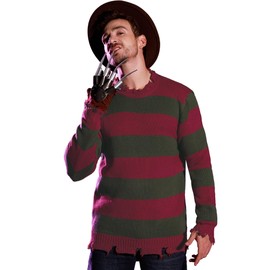 Mainfini Men Freddy Krueger Costume Sweater Adult Nightmare On Elm Street Striped Jumper Pullover Red & Green 3XL