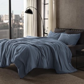 SLEEP ZONE Queen Comforter Set, Duvet Insert with Natural Wrinkle Texture, Cotton-Linen Feel, Lightweight and Breathable Fluffy Bedding Sets with 1 Comforter and 2 Pillow Shams (Flint Stone Blue)