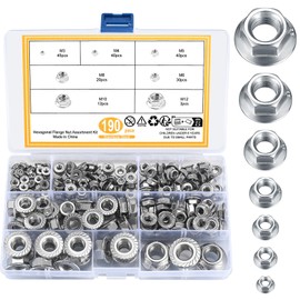 Pack of 190 Flange Nuts with Flange and Locking Toothing, Hexagonal Flange Nut Set, Hexagonal Nuts, Self-Locking Stainless Steel, Locking Nuts, Locking Nuts, M3/M4/M5/M6/M8/M10/M12