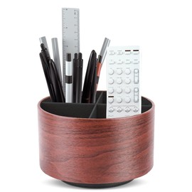 Hennaja Round Leather Art Supply Organizer,Remote Control Holder,360 Degree Spinning,Multi-Functional Pencil Holder,4 Compartments Desktop Stationary Organizer(1-Light Brown2)