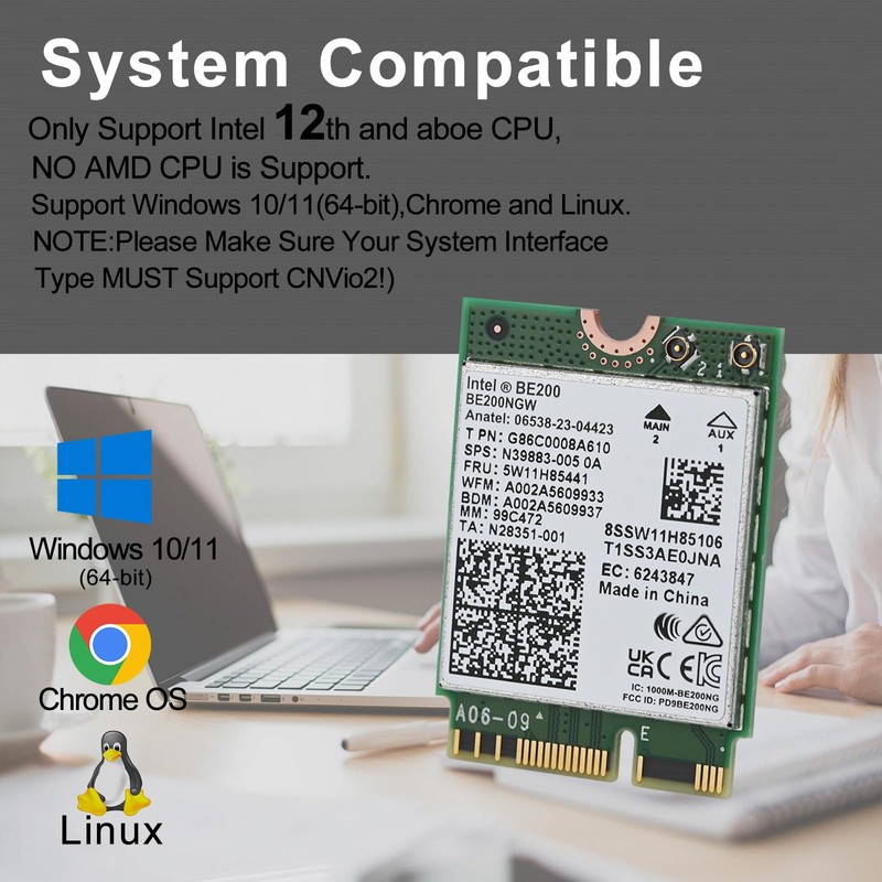 WiFi 7 BE200NGW WiFi Card, 8774Mbps Bluetooth 5.4 Tri-Band Mu-MiMO