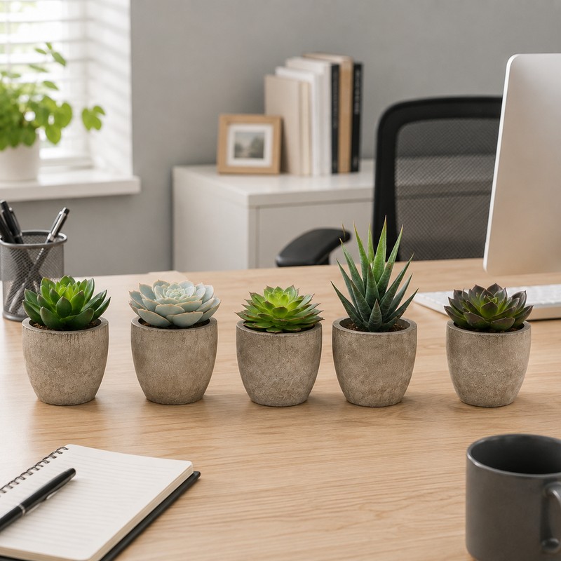 Artificial Succulent Plants in Decorative Cement-Style Pots – 5-Piece Faux