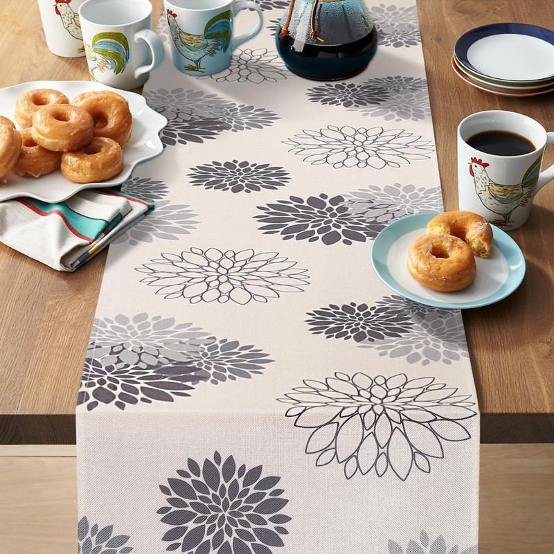 Inhobbok Table Runner Light Grey Dahlia Flower Linen Modern Attractive