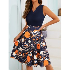 Sureple Casual Summer Dresses for Women 2024 with Pocket Sleeveless V-Neck Retro 60S Knee Length Dress for Graduation(SP319-Navy Multi P1-L)