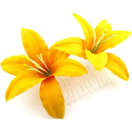 Double 3.5" Yellow Lily Silk Flower Hair Comb