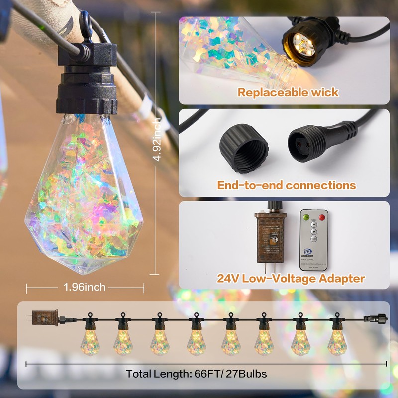 BYIZO Outdoor String Lights, 66FT 27 LED Iridescent Holographic Bulbs,